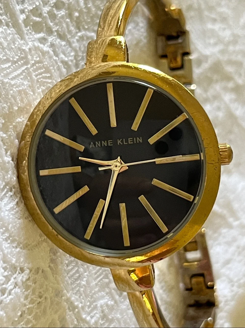 Anne Klein Gold Tone Bangle Watch with Black Dial and Gold Markers